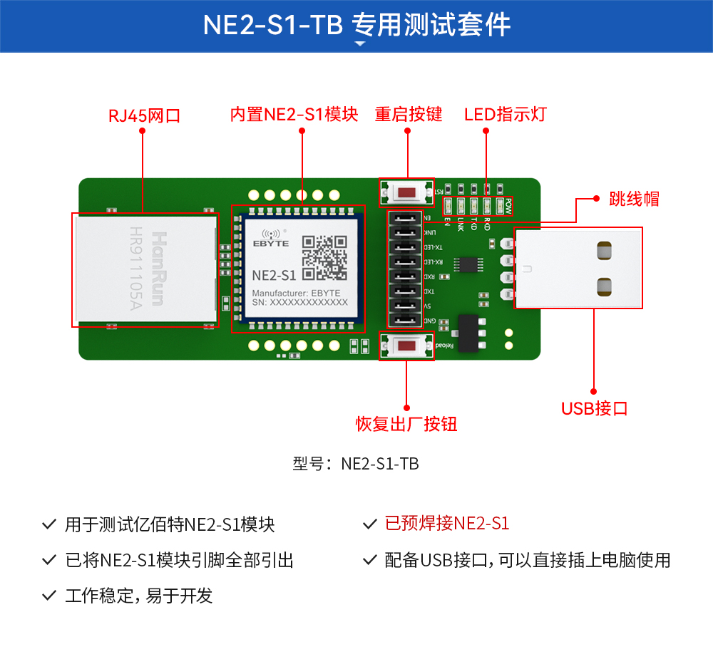 NE2-S1-TB 串口轉以太網(wǎng)模塊開發(fā)板